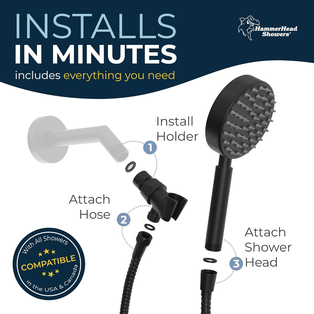 HammerHead Showers? Solid Metal LOW FLOW Handheld Shower Head with Hose and Brass Holder - OIL RUBBED BRONZE ?C Water Saving 1.75 GPM Detachable Shower Head - Adjustable Shower Wand Bracket & 6ft Hose