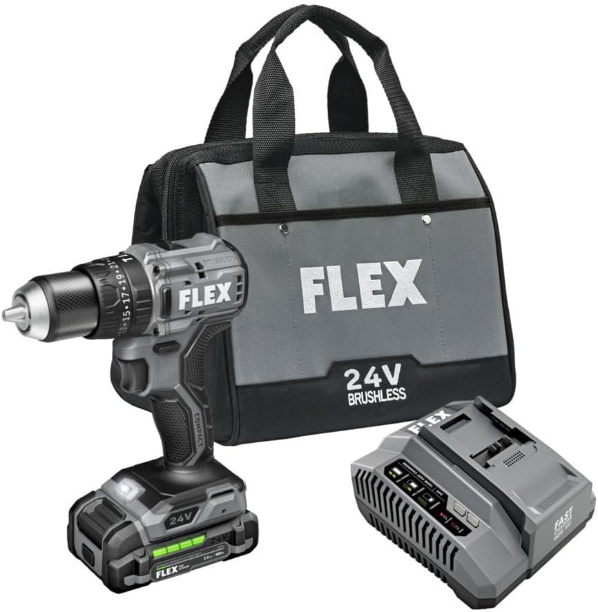 FLEX 24V Brushless Cordless 1/2-Inch 1,400 In-Lbs Torque 2-Speed Hammer Drill Turbo Mode Kit with 6.0Ah Stacked Lithium Battery and 280W Rapid Charger - FX1271T-1H