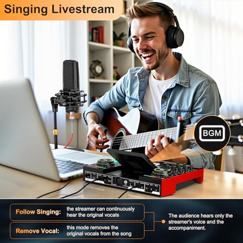 Podcast Microphone Bundle with Live Sound Card Audio Mixer, Podcast Equipment Bundle with 3.5mm Condenser Microphone for Pc/Phone Live Streaming Singing Gaming, Sound Board with Voice Changer, Denoise