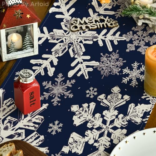 Artoid Mode Navy Blue Snowflakes Christmas Table Runner, Seasonal Winter Holiday Kitchen Dining Table Decoration for Home Party Decor 13x72 Inch
