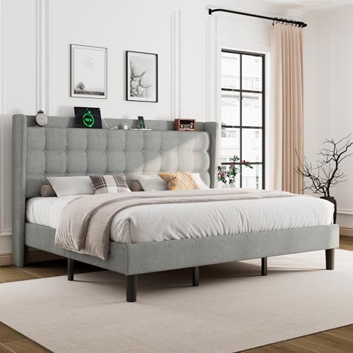 Queen Bed Frame, Upholstered Platform Bed with Charging Station, Modern Wingback Storage Headboard, Solid Wood Slats Support, No Box Spring Needed, Dark Gray