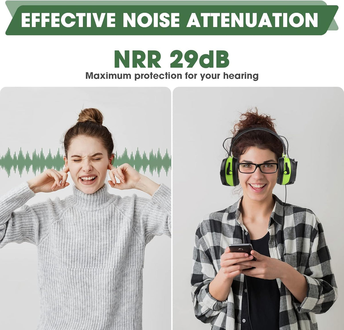 Bluetooth Hearing Protection, FM MP3 Noise Reduction Radio Headphones with 29dB NRR, Safety Ear Muffs with Bluetooth Radio, Wireless Cancelling Bluetooth Rechargebale FM Radio Headphones, Green