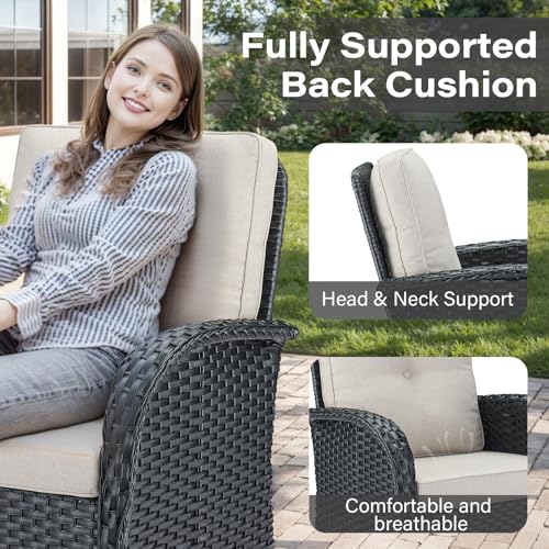 Patio Wicker Chairs Swivel Rocker - Outdoor Swivel Rocking Chairs Set of 2 with Rattan Side Table, Patio Swivel Glider Chair 3 Piece Patio Furniture Sets for Deck Porch Pool Brown/Blue