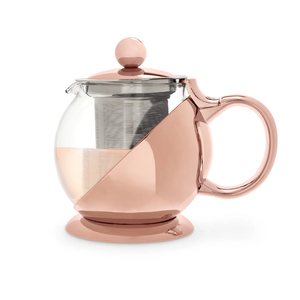 Pinky Up Rose Gold Wrapped Teapot - Tea Clear Glass Pot with Infuser Strainer and Tea Kettle for Loose Tea, 24 Oz
