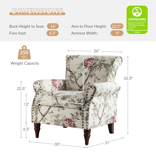 HULALA HOME Modern Wingback Accent Chair with Wood Legs & Removable Cushion, Comfy Upholstered Armchair with Nailhead Trim, Floral Pattern Single Sofa Chair for Living Room Bedroom, Blue