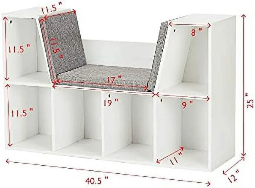 HJZBNONE 6-Cubby Bookcase w/Cushioned Reading Nook Multi Purpose Organizer Cabinet with Soft Cushion and Thick Wood Board for Children Girls & Boys Bedroom Decor Room (Modern Whit