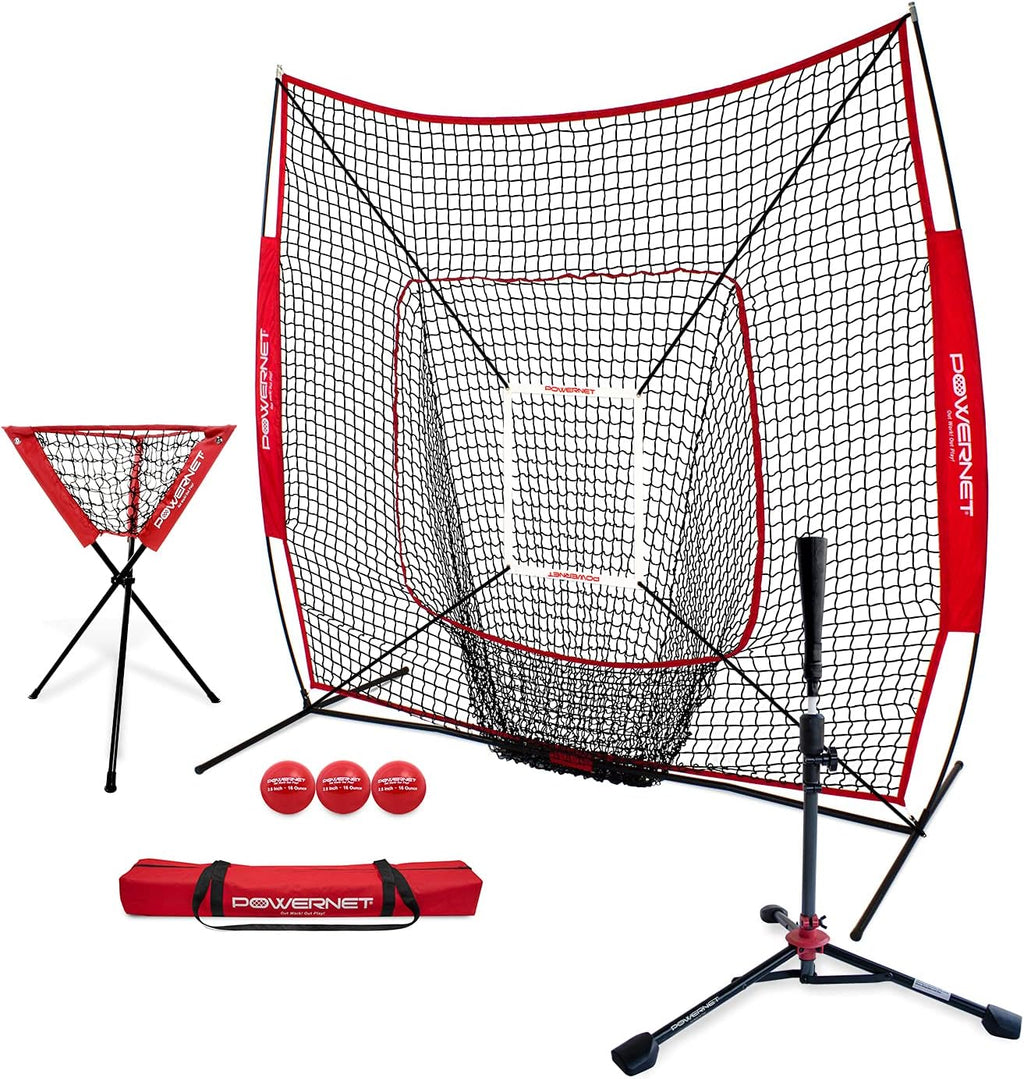 PowerNet 7x7 DLX Practice Net + Deluxe Tee + Ball Caddy + Weighted Balls + Strike Zone Bundle | Baseball Softball Training Equipment