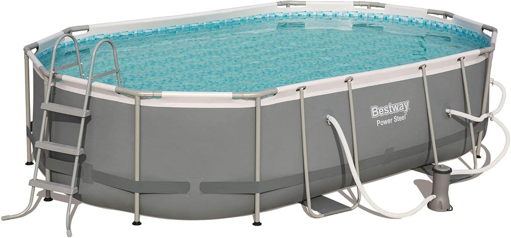 Bestway 56655E Power Steel 16ft x 10ft x 42in Outdoor Oval Frame Above Ground Swimming Pool Set with 1000 GPH Cartridge Filter Pump, Ladder, and Cover