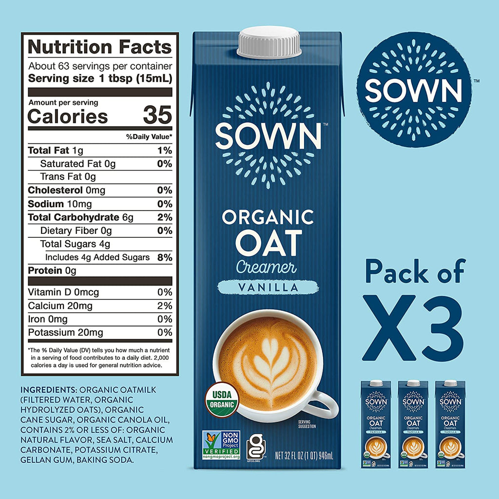 SOWN Organic Oat Creamer Unsweetened - Barista Oat Milk Non Dairy Coffee Creamer - Plant Based, Dairy-Free, Vegan, 0g Added Sugar, Gluten-Free, Non-GMO, Shelf Stable - 32oz (Pack of 6)