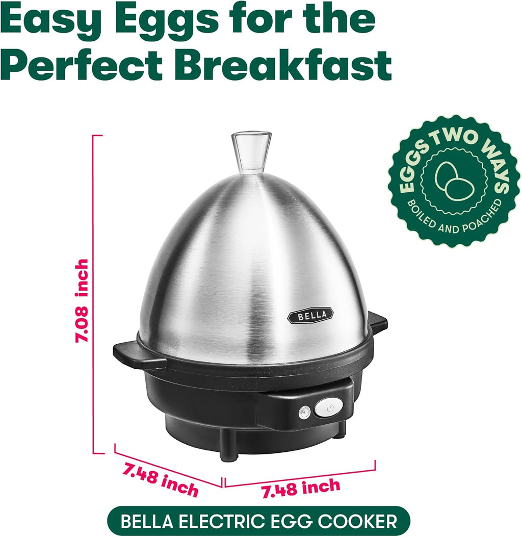 BELLA Rapid Electric Egg Cooker and Omelet Maker with Auto Shut Off, for Easy to Peel, Poached Eggs, Soft, Medium and Hard-Boiled Eggs, 7 Egg Capacity Tray, Single Tier, Black & Steel