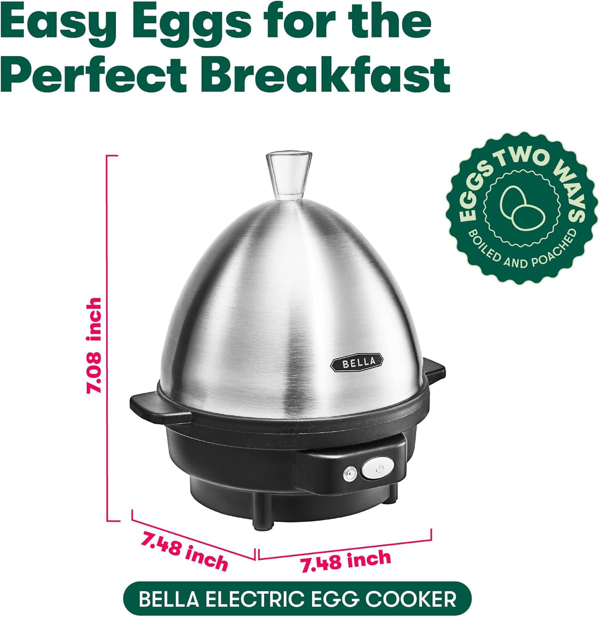 BELLA Rapid Electric Egg Cooker and Omelet Maker with Auto Shut Off, for Easy to Peel, Poached Eggs, Soft, Medium and Hard-Boiled Eggs, 7 Egg Capacity Tray, Single Tier, Black & Steel