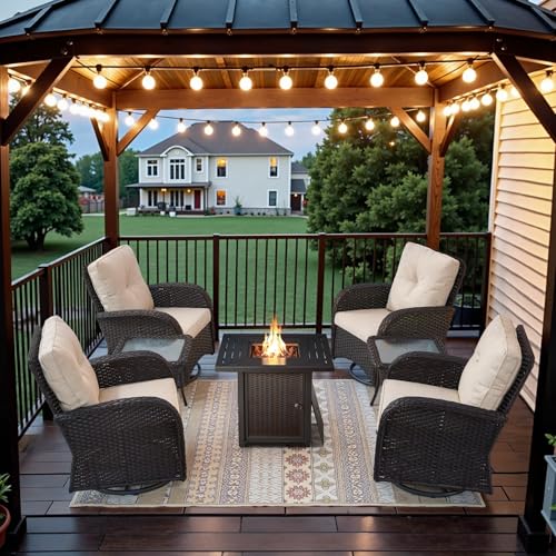 Patio Wicker Chairs Swivel Rocker - Outdoor Swivel Rocking Chairs Set of 2 with Rattan Side Table, Patio Swivel Glider Chair 3 Piece Patio Furniture Sets for Deck Porch Pool Brown/Blue