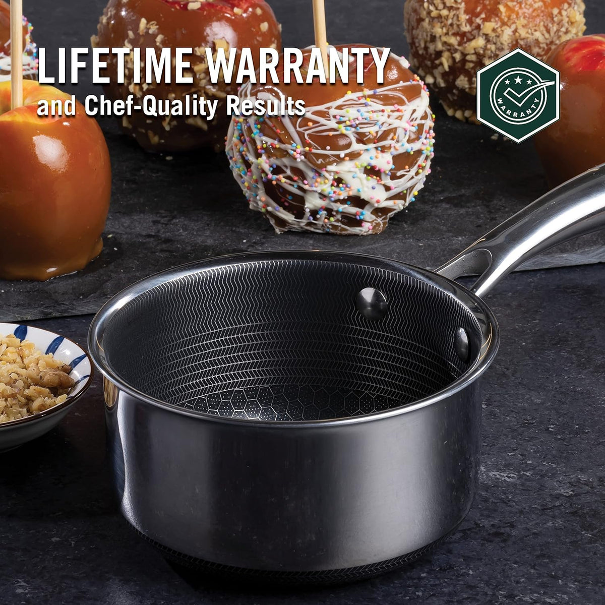 HexClad 1 Quart Hybrid Pot with Glass Lid - Non Stick Saucepan, Easy to Clean, Dishwasher & Oven Safe - Perfect for Making Sauces, Reheating Soups, Stocks, Cooking Grains