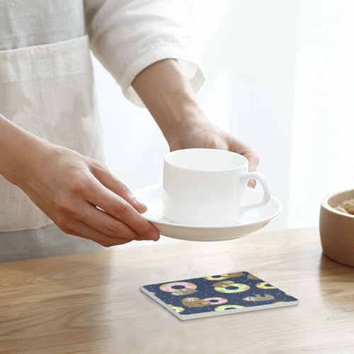 Donut Sloth Square Coasters for Drinks 4 Packs, Absorbent Heat-Resistant Ceramic Stone Coaster Desktop Protector with Cork Base for Kitchen Bar Home Decor, 3.9 Inch