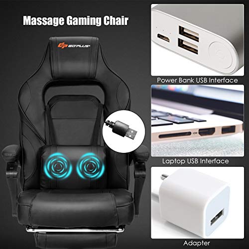 Goplus Massage Gaming Chair, Reclining Backrest, Seat Height Adjustment Racing Computer Office Chair with Footrest, Ergonomic High Back PU Swivel Game Chair (White)