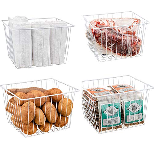 Freezer Wire Baskets, Kitchen Storage Organizer Bins for Chest and Upright Freezer, Refrigerator Dividers Containers with Handles - Pearl White (3)