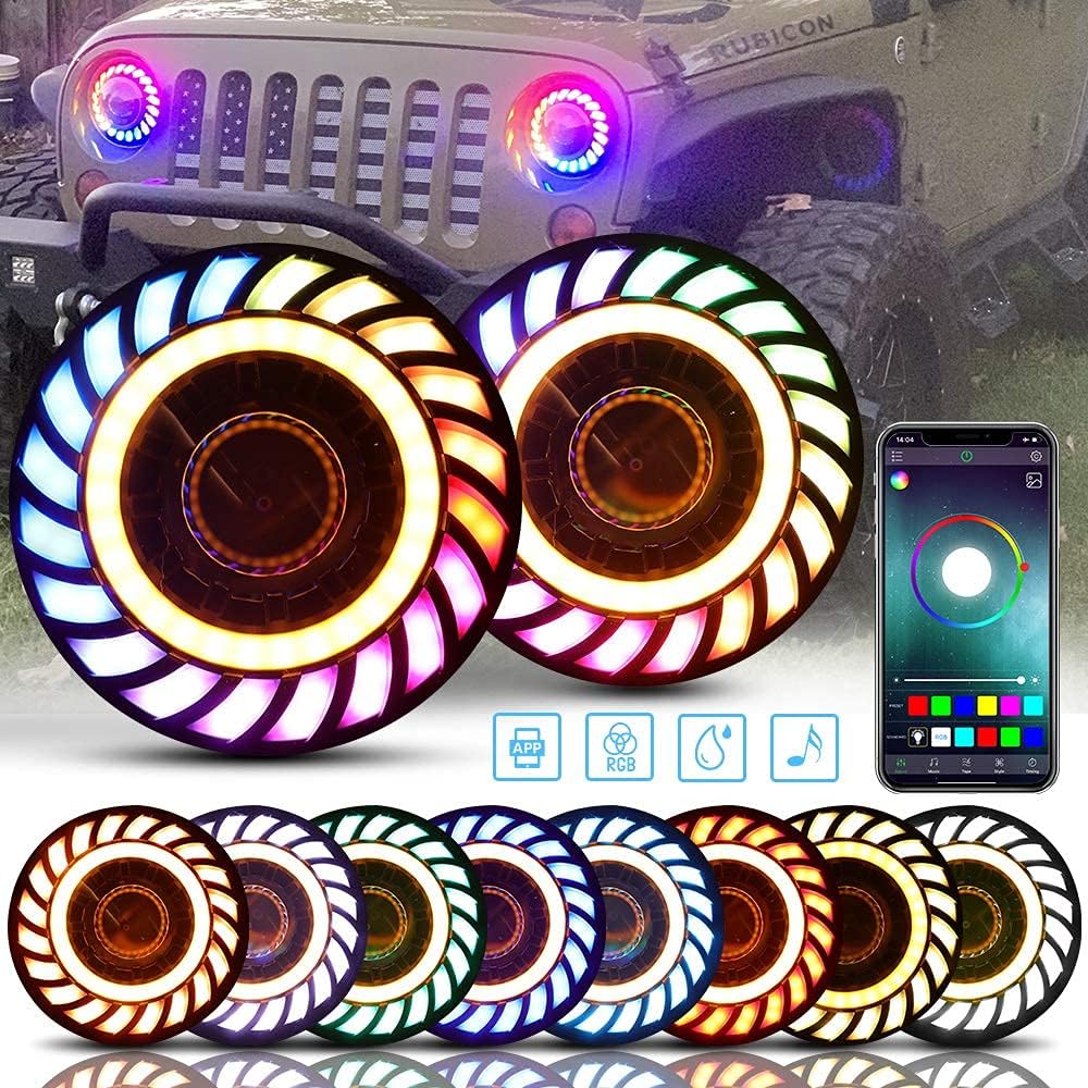 SUNPIE 7 inch Upgraded Stylish Colorful Rotating RGBW Halo Projector LED Headlights for J eep Wrangler IP67 Waterproof APP Control Custom Colors, Voice Mode for 2007-2018 JK/JKU,1997-2006 TJ/TJU