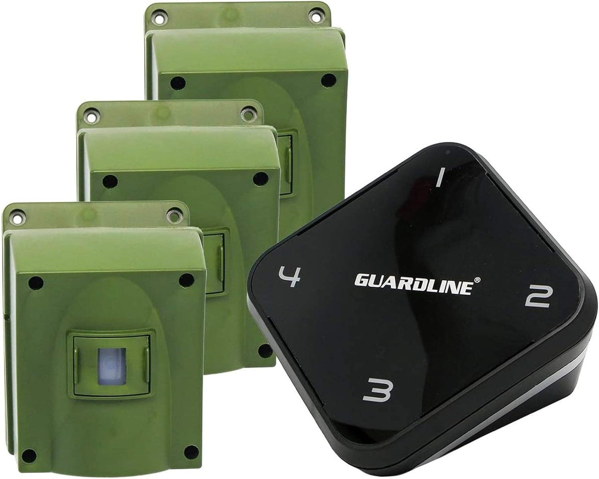 Guardline Wireless Driveway Alarm - 4 Motion Detector Alarm Sensors & 1 Receiver, 1/4 Mile Range, Weatherproof Outdoor Security Alert System for Home & Property