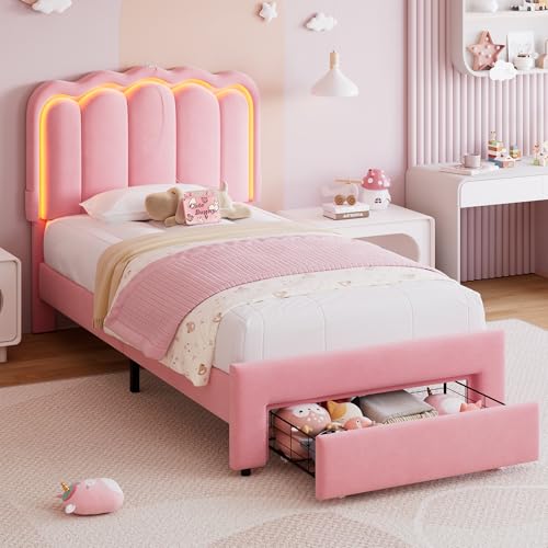Twin Upholstered LED Bed Frame with Storage Drawer and Adjustable Chic Double Wavy Headboard, Velvet Princess Platform Bed for Kids/Girls, Solid Wood Slats Support, No Box Spring Needed, Beige