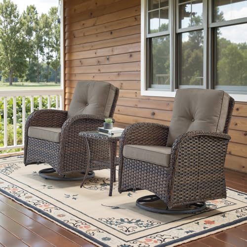 Patio Wicker Chairs Swivel Rocker - Outdoor Swivel Rocking Chairs Set of 2 with Rattan Side Table, Patio Swivel Glider Chair 3 Piece Patio Furniture Sets for Deck Porch Pool Brown/Blue