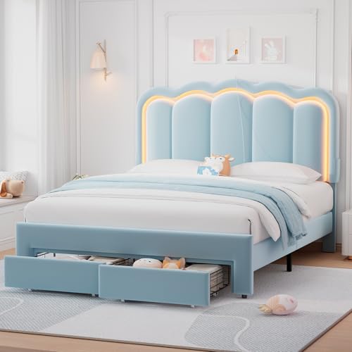 Twin Upholstered LED Bed Frame with Storage Drawer and Adjustable Chic Double Wavy Headboard, Velvet Princess Platform Bed for Kids/Girls, Solid Wood Slats Support, No Box Spring Needed, Beige