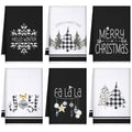 Geyoga 6 Pcs Merry Christmas Kitchen Towels Buffalo Plaid Xmas Tree Dish Towels Hand Towel Tea Towel Absorbent Soft Drying Cloth for Holiday Housewarming Gifts, 16x24 Inch(Gray White)