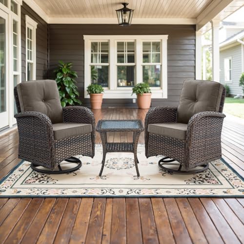 Patio Wicker Chairs Swivel Rocker - Outdoor Swivel Rocking Chairs Set of 2 with Rattan Side Table, Patio Swivel Glider Chair 3 Piece Patio Furniture Sets for Deck Porch Pool Brown/Blue
