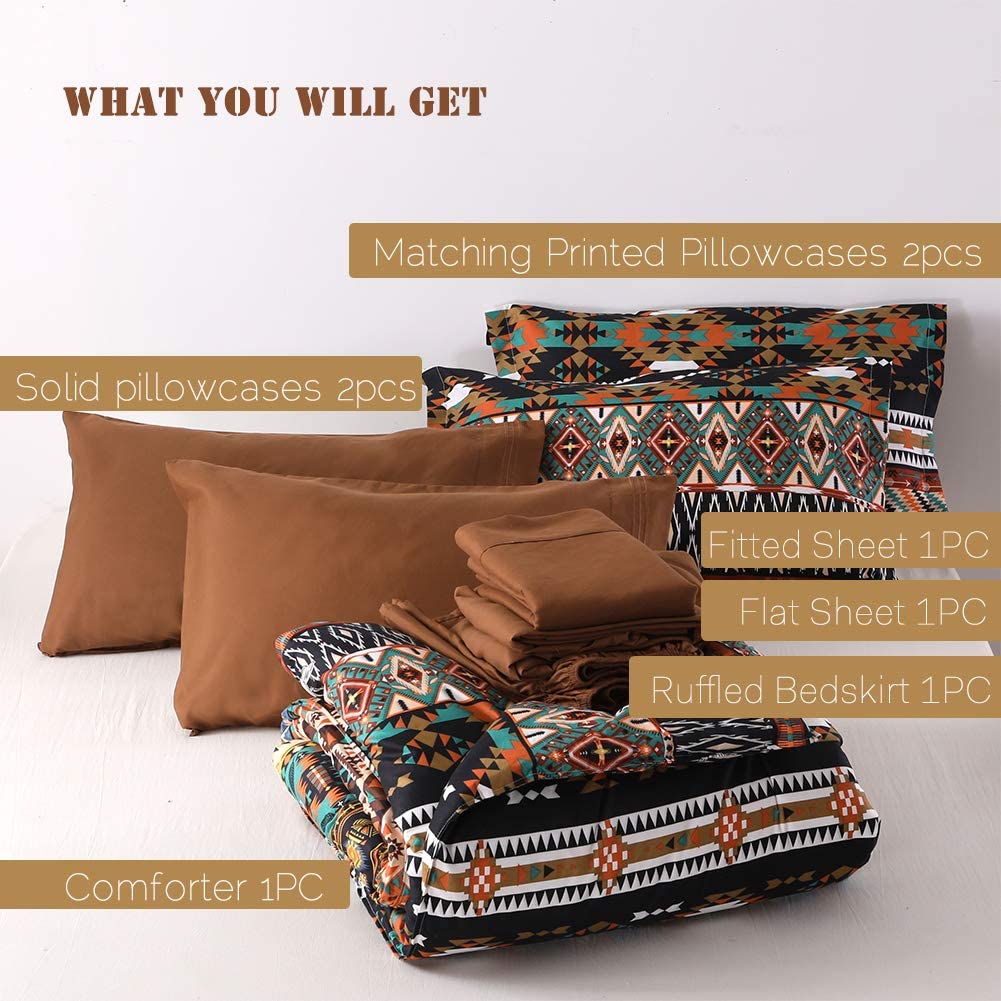 SexyTown Boho Comforter Set Queen Bed in A Bag 8 Piece Deep Pocket with Bed Skirt,Bohemian Tribal Southwestern Bedding Down Comforter(1 Comforter,4 Pillow Cases,Flat Sheet,Fitted Sheet,1 Bed Skirt)