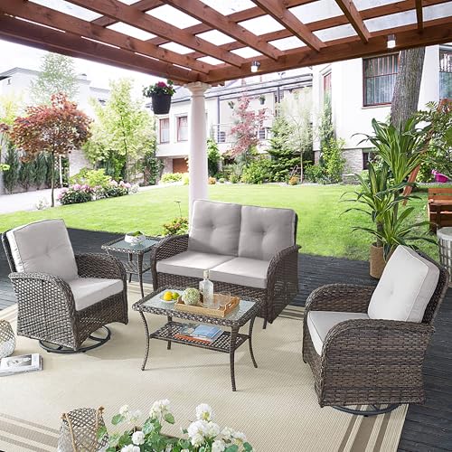 Patio Wicker Chairs Swivel Rocker - Outdoor Swivel Rocking Chairs Set of 2 with Rattan Side Table, Patio Swivel Glider Chair 3 Piece Patio Furniture Sets for Deck Porch Pool Brown/Blue