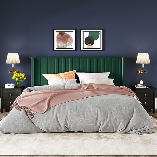 Allewie Queen Size Velvet Bed Frame/Vertical Channel Tufted Wingback Headboard/Upholstered Platform Bed/Strong Wooden Slats/No Box Spring Needed/Easy Assembly/Black