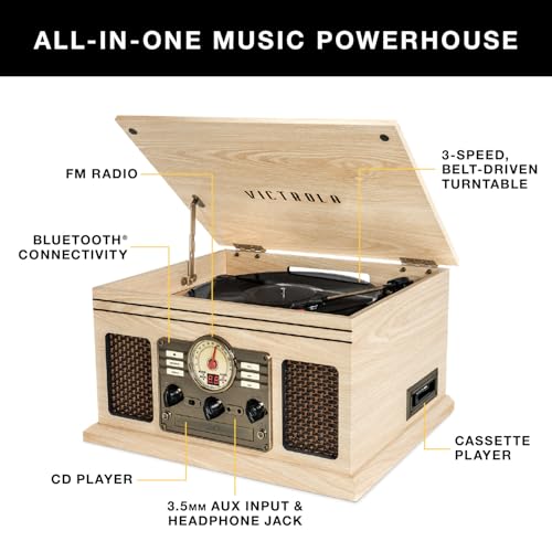 Victrola The Quincy 6-in-1 Bluetooth Record Player & Multimedia Center with Built-in Speakers ?C 3-Speed Turntable, CD & Cassette Player, AM/FM Radio, Wireless Music Streaming (Natural)