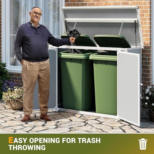 41 Cu.Ft Horizontal Outdoor Storage Box Plastic Shed, Trash Can Sheds Weatherproof Resin Shed with Floor Thickened & Gas Spring & Lockable Doors for Tools, Lawn Mower Storage