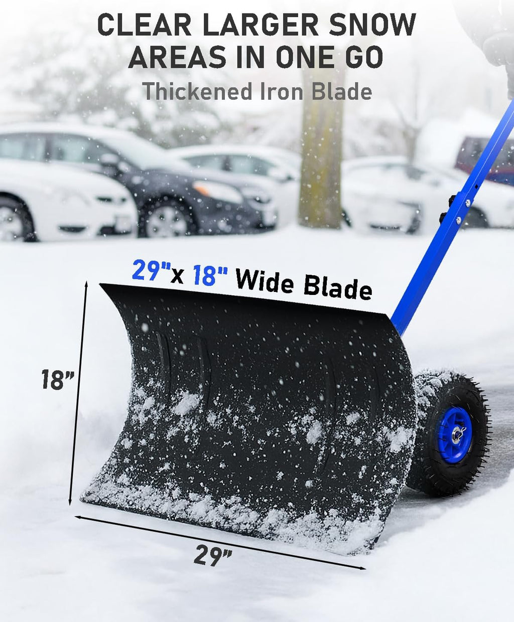 Outvita Snow Shovel with Wheels, 29 Wide 18 Long Snow Plow Shovel Angle & Height Adjustable Padded Handle Efficient Snow Clean Tool for Driveway or Pavement (Yellow)