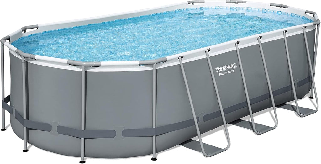 Bestway 56655E Power Steel 16ft x 10ft x 42in Outdoor Oval Frame Above Ground Swimming Pool Set with 1000 GPH Cartridge Filter Pump, Ladder, and Cover