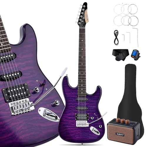 Leo Jaymz 39 Full Size ST Style Electric Guitar Starter Kit with SSH Pickup, 5W Portable Amp, Tuner, Gig Bag, Strap & Accessories (Violet Ocean)