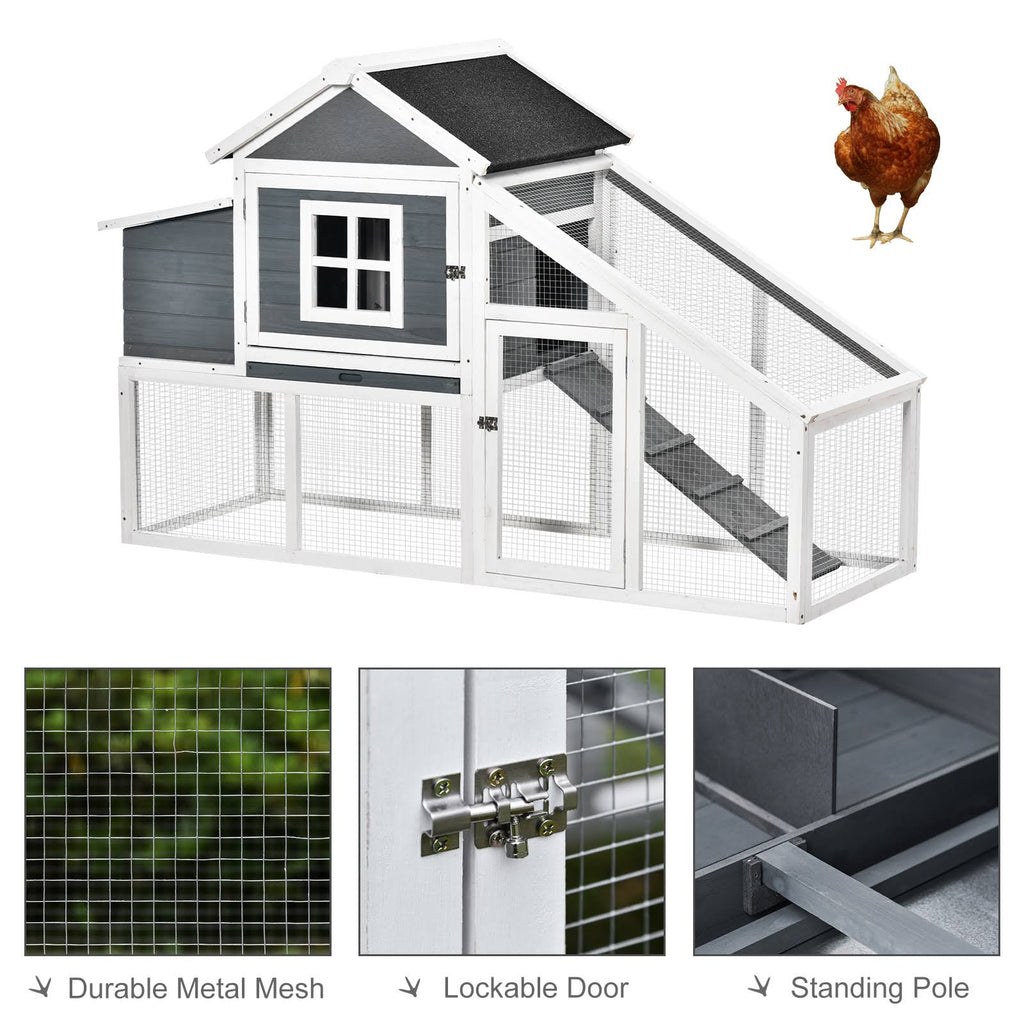 PawHut 69x22 Outdoor Wooden Chicken Coop Hen House with Nesting Box and Run - White