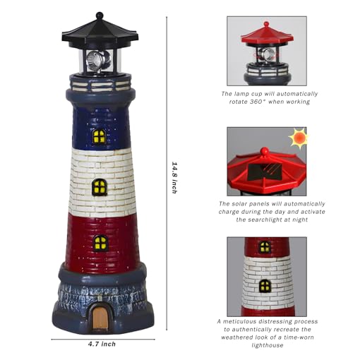 Garden Outdoor Statues, Waterproof Lighthouse Lights Lawn Decor; Automatic Rotating Solar Lights for Yard, Patio, Ground, Tabletop Decoration; Unique Housewarming Gifts - Red