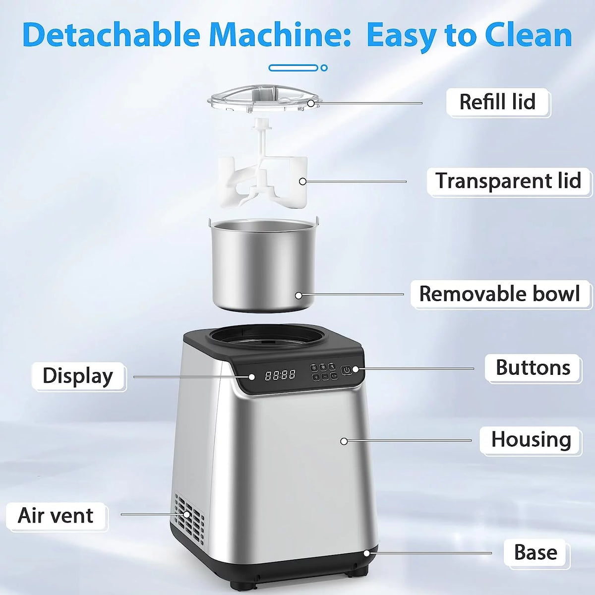 KISSAIR Upright Ice Cream Maker, Homemade Ice Cream Maker for Kids, Stainless Steel Machine with LED Display, 3 Modes for Gelato, Frozen Yogurt, Sorbet, 1.5L