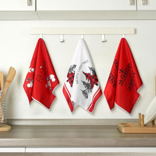 Geyoga 6 Pcs Merry Christmas Kitchen Towels Buffalo Plaid Xmas Tree Dish Towels Hand Towel Tea Towel Absorbent Soft Drying Cloth for Holiday Housewarming Gifts, 16x24 Inch(Gray White)
