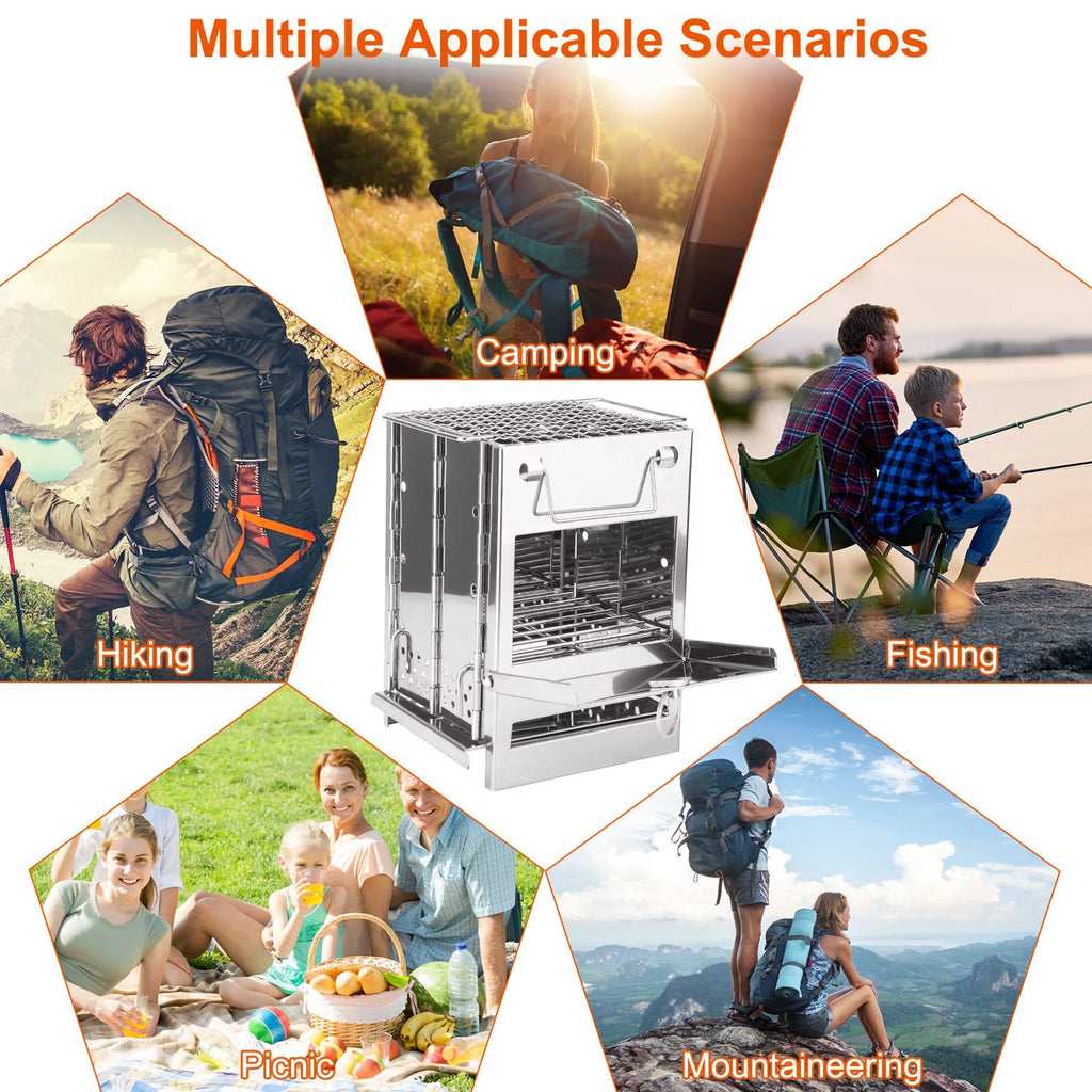 Folding Wood Burning Camp Stove, iMounTEK Small Portable Stainless Steel Backpacking Stove Outdoor Cooking Tents Heating Hiking Survival, Mini BBQ Stove with Carry Bag
