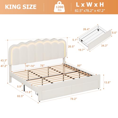Twin Upholstered LED Bed Frame with Storage Drawer and Adjustable Chic Double Wavy Headboard, Velvet Princess Platform Bed for Kids/Girls, Solid Wood Slats Support, No Box Spring Needed, Beige