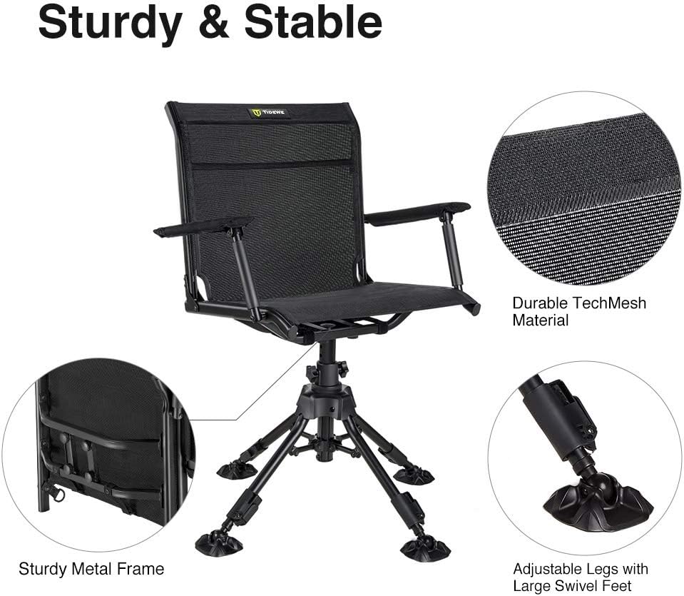 TIDEWE Hunting Chair with Seat Cover, 360 Degree Silent Swivel Blind Folding Chair, 4 Legs Adjustable Height Hunting Seats with Armrest, Portable Comfortable Stable Ground Hunting Chair