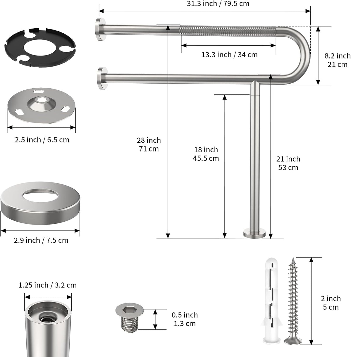 Toilet Support Rail 31.3X 31.5 Inch, Munzong Anti-Slip Satin Brushed Nickel Handicap Grab Bar for Bathroom, Stainless Steel Knurled Safety handrails with Leg for Elderly Disabled Pregnant-1.25??Tube