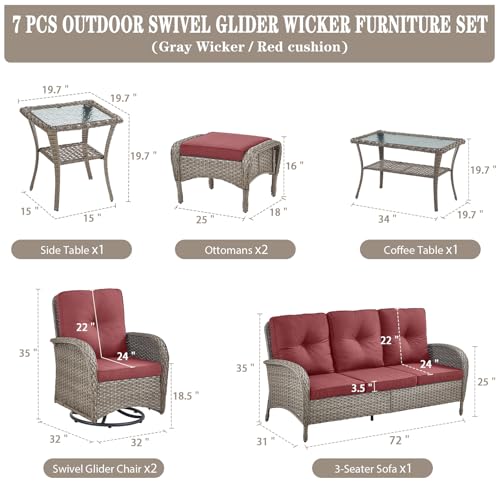 Patio Wicker Chairs Swivel Rocker - Outdoor Swivel Rocking Chairs Set of 2 with Rattan Side Table, Patio Swivel Glider Chair 3 Piece Patio Furniture Sets for Deck Porch Pool Brown/Blue