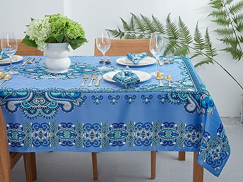 YiHomer Mykonos Blue Paisley Tile Bordered Tabletop for Spring Summer Decorations, Picnics and Dinner Parties - Indoor Outdoor, Stain and Water Resistant, Tablecloth, 60 x 84 Rectangle