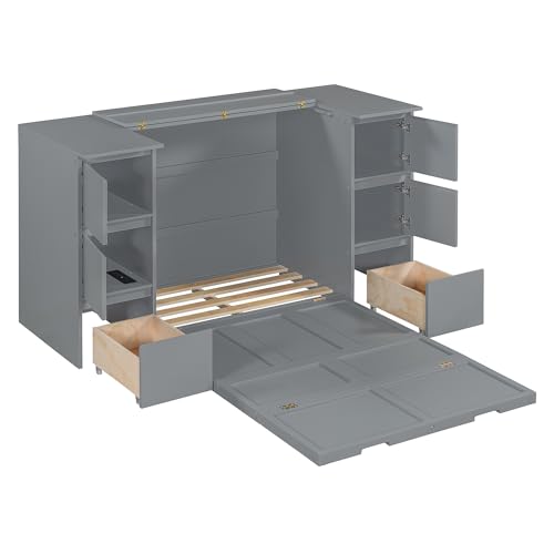 Twin Size Murphy Beds with Charging Station and Storage Drawers, Wood Cabinet Bed Frame, Wall Bed with Outlet & USB Ports for Home Office Studio, White
