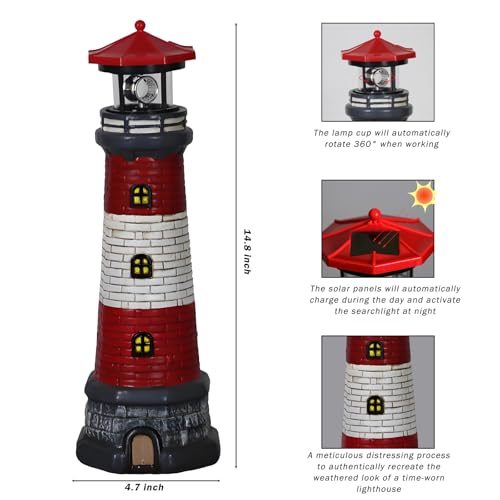Garden Outdoor Statues, Waterproof Lighthouse Lights Lawn Decor; Automatic Rotating Solar Lights for Yard, Patio, Ground, Tabletop Decoration; Unique Housewarming Gifts - Red
