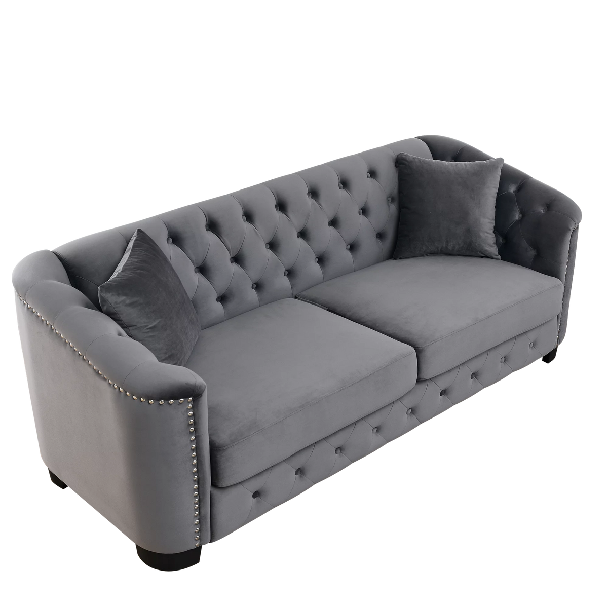 77-Inch Modern Chesterfield Velvet Sofa, 3-Seater Sofa, Upholstered Tufted Backrests with Nailhead Arms and 2 Cushions for Living Room, Bedroom, Apartment, Office (Grey)