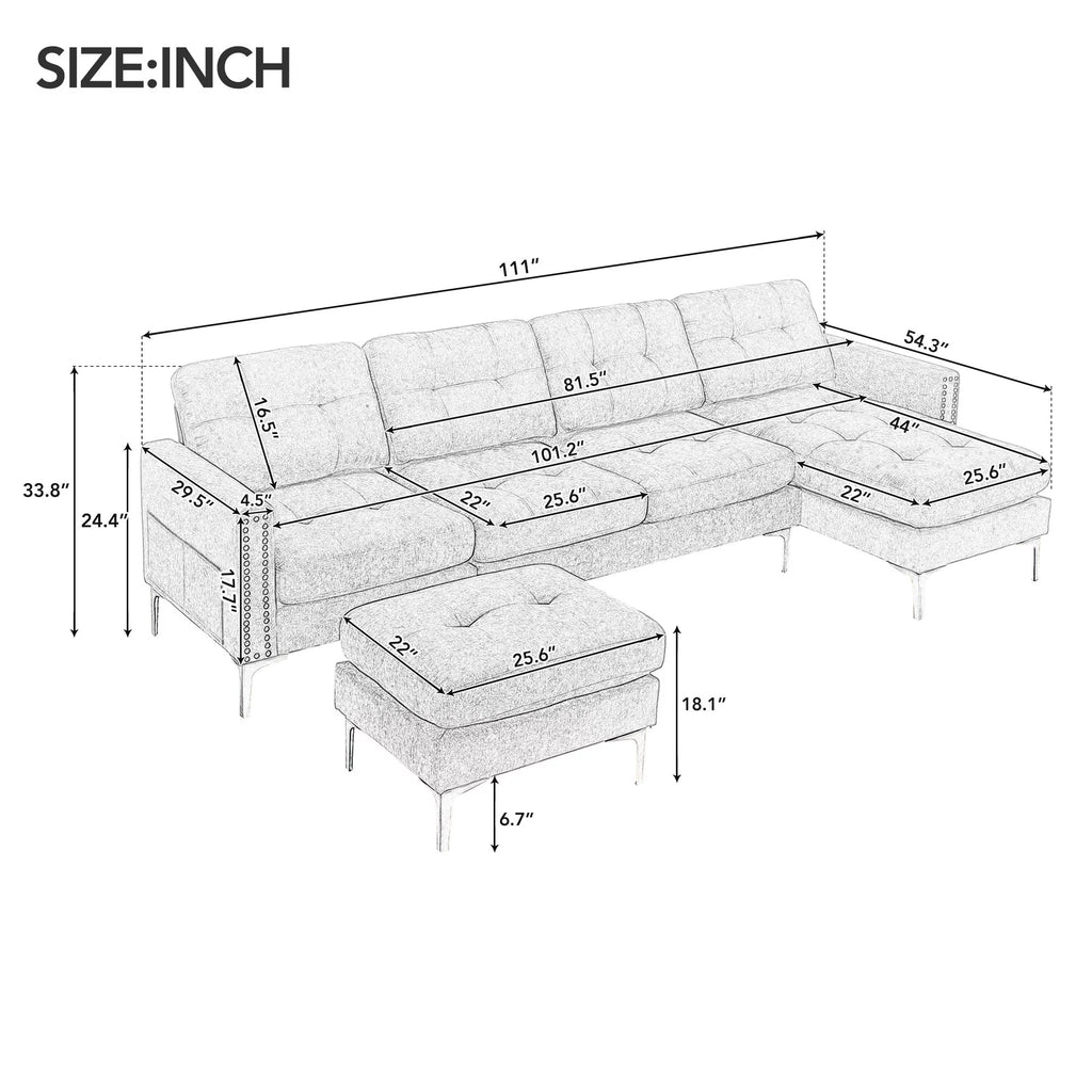 Soges U-Shaped Sectional Sofa with Ottoman, Convertible Couch for Living Room, 5 Seater Sofa, Gray, 110x54