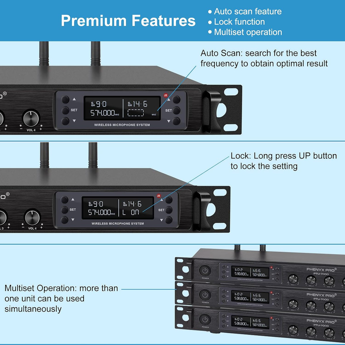 Wireless Microphone System, Phenyx Pro Quad Channel Cordless Mic Set with Metal Handheld Mics, 4x40 Channels, Auto Scan, Long Distance 328ft, Ideal for DJ, Church, Outdoor Events (PTU-7000A)